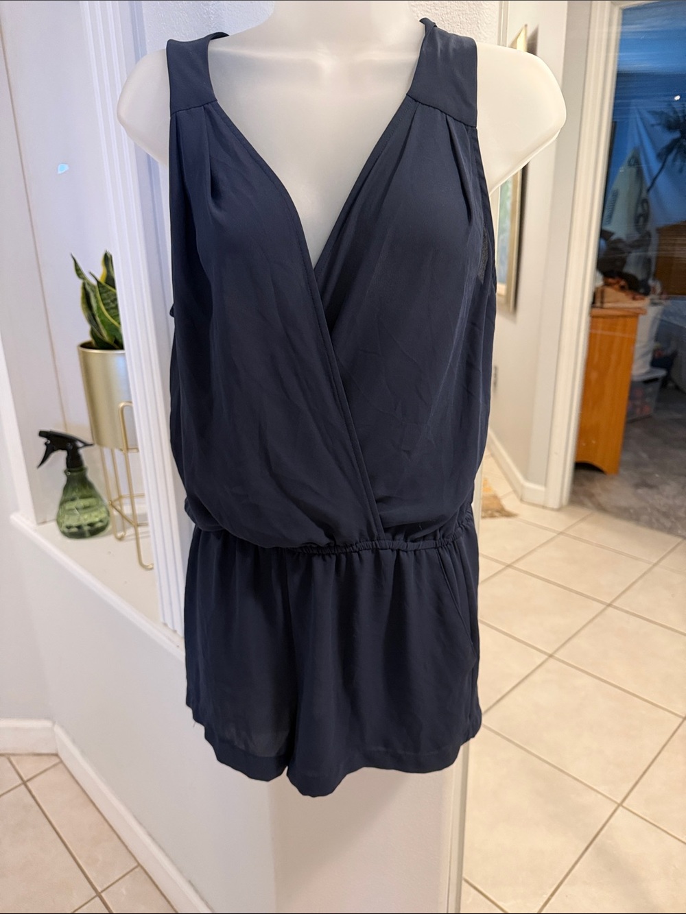 BCBGMaxAzria Navy Sleeveless Surplice Romper